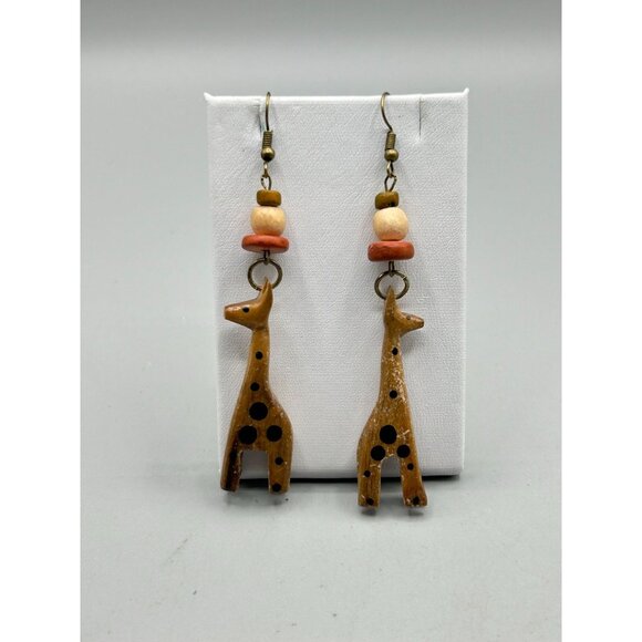 Vintage Giraffe Earrings Carved Hand Painted Wood Dangles Animal Ethnic Jewelry - Picture 7 of 8